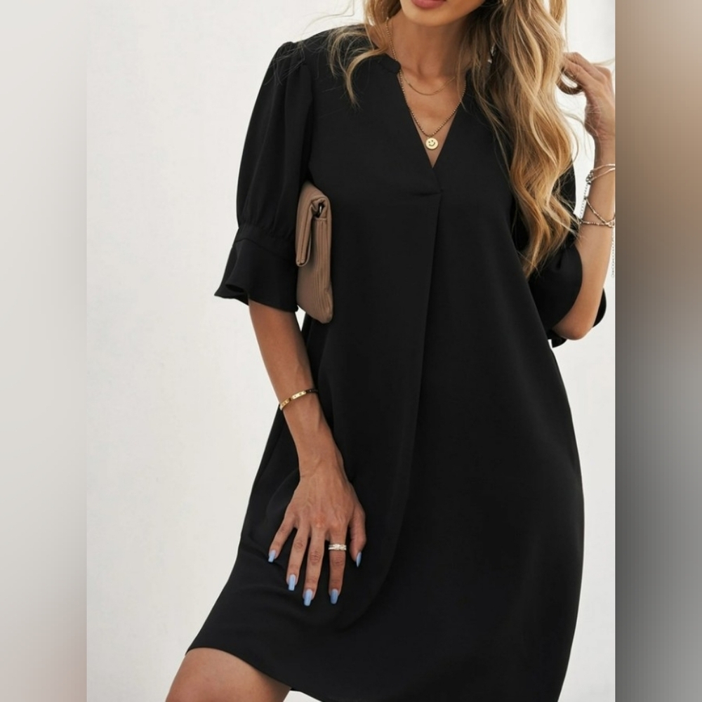Vee Neck Short Sleeve Tunic Dress Black Size XL - Picture 3 of 9